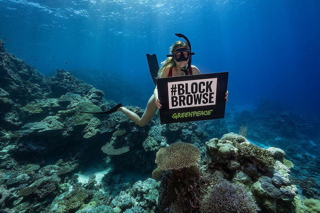 Gas Campaign Sign Underwater in Western Australia. © Alex Westover / Greenpeace