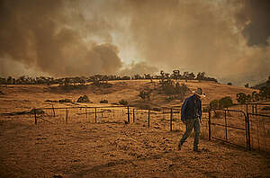 A farmer walks away as the New South Wales 'Mega' fire, which measures 1.5 million acres, approaches the outskirts of the small town of Tumbarumba in the Snowy Mountains, NSW.  © Kiran Ridley / Greenpeace