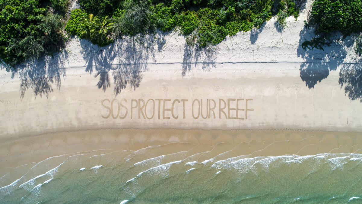 'SOS Protect Our Reef' Message on Beach near Cairns, Australia. © Greenpeace / Great Barrier Reef Legacy / Dean Miller