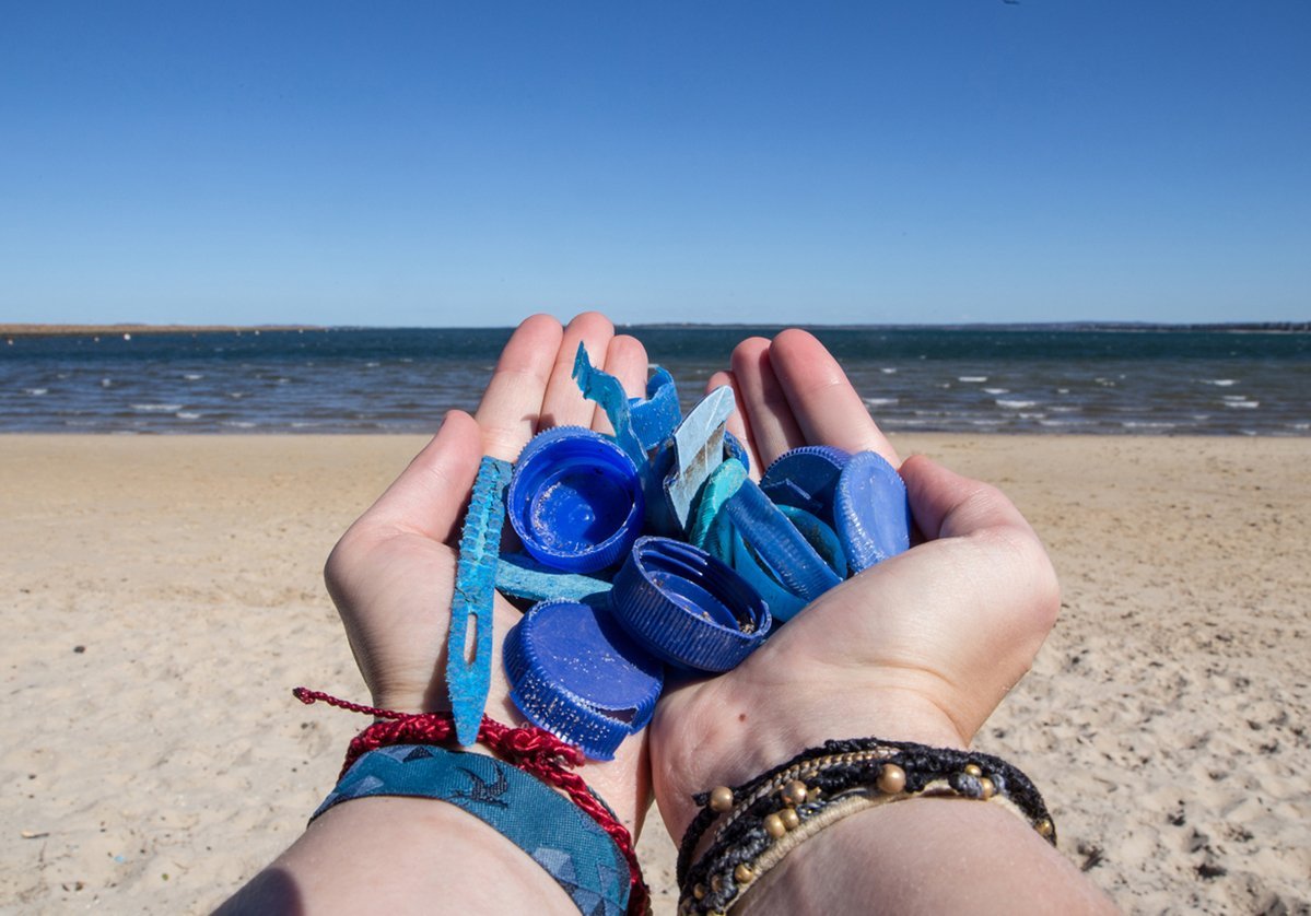 A volunteer holds plastic tops during a clean up activity at Brighton Le Sands and Lady Robinson's beaches in Sydney.