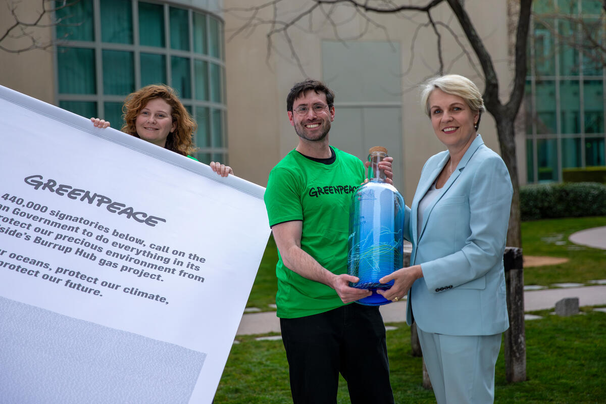 Greenpeace Australia Pacific Staff and Volunteers deliver a giant petition to Tanya Plibersek, Minister for the Environment, calling for Woodside to walk away from its destructive gas drilling project in the Burrup Hub.