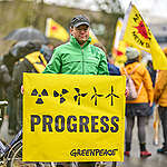 Greenpeace Germany volunteers participate in a protest in front of the nuclear reactor Emsland on its last day of energy production.