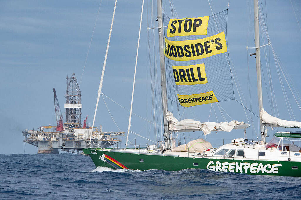 Crew aboard Greenpeace Australia Pacific's campaigning vessel the Oceania conducted a peaceful banner protest at the site of the Valaris DPS-1, the drill rig commissioned to build Woodside’s destructive Burrup Hub. The Oceania displayed a banner between the masts reading "Stop Woodside's Drill" at the Scarborough gas field, off the coast of Exmouth, Western Australia where the Valaris DPS-1 is drilling the first phase of the project. Woodside plans to drill up to 30 gas wells at the Scarborough gas field, and up to 50 more around the ecologically significant Scott Reef off the coast of Broome, Western Australia.