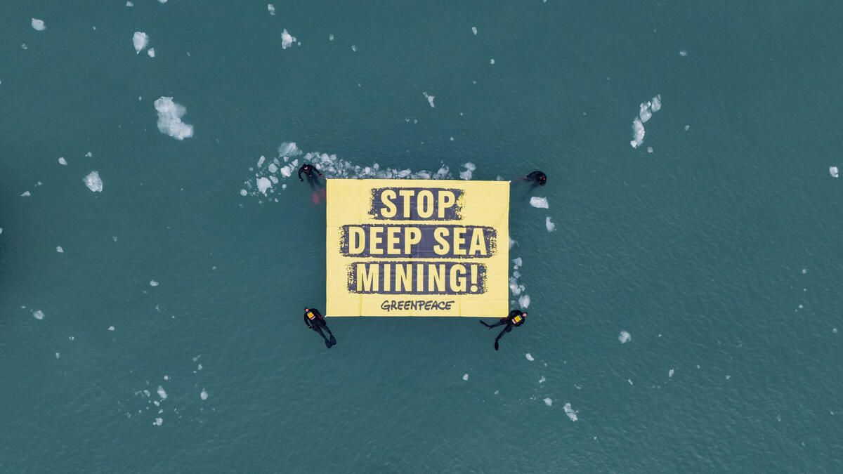 Activists Place a Banner to 'Stop Deep Sea Mining' in the Arctic. © Greenpeace / Bianca Vitale